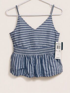 Roxy Striped Smocked Crop Tank Top Blue White Boho Beach Size Small NWT